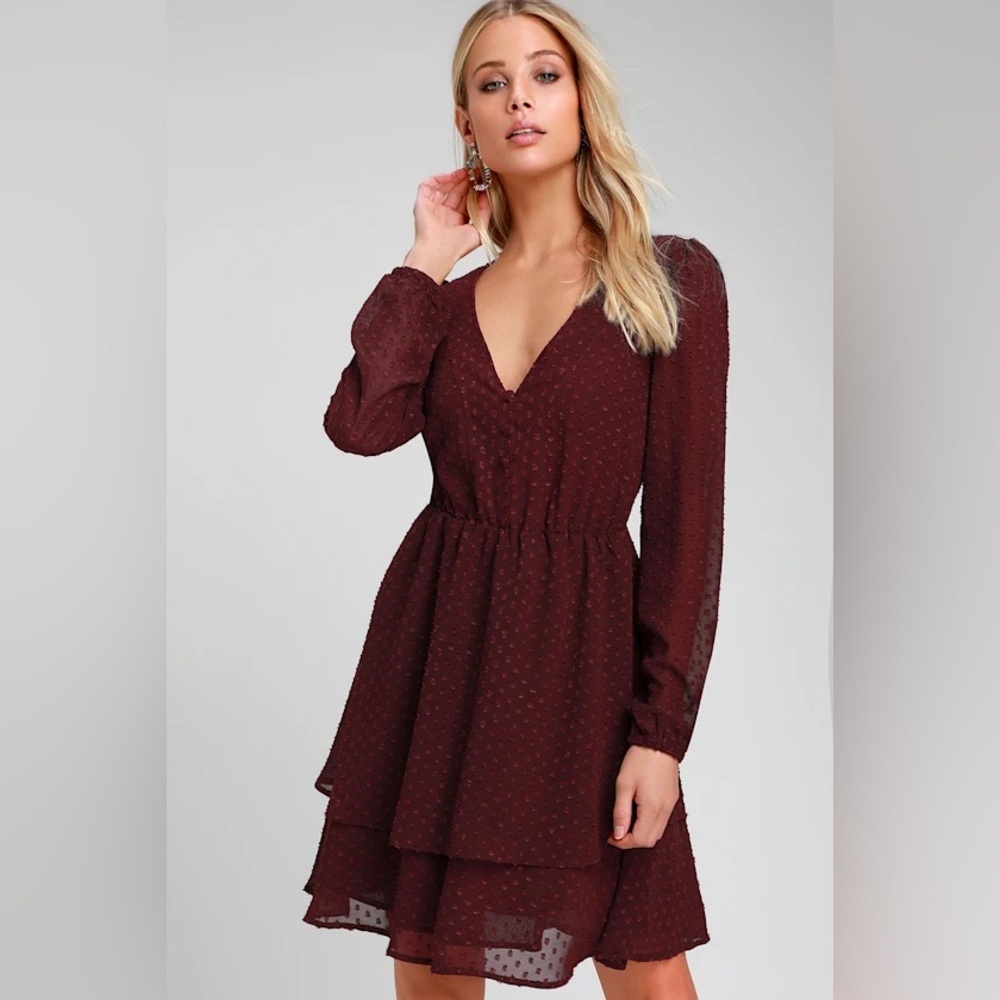 NWT Lulus Brilliant Love Burgundy Swiss Dot Long Sleeve Skater Dress Size Small